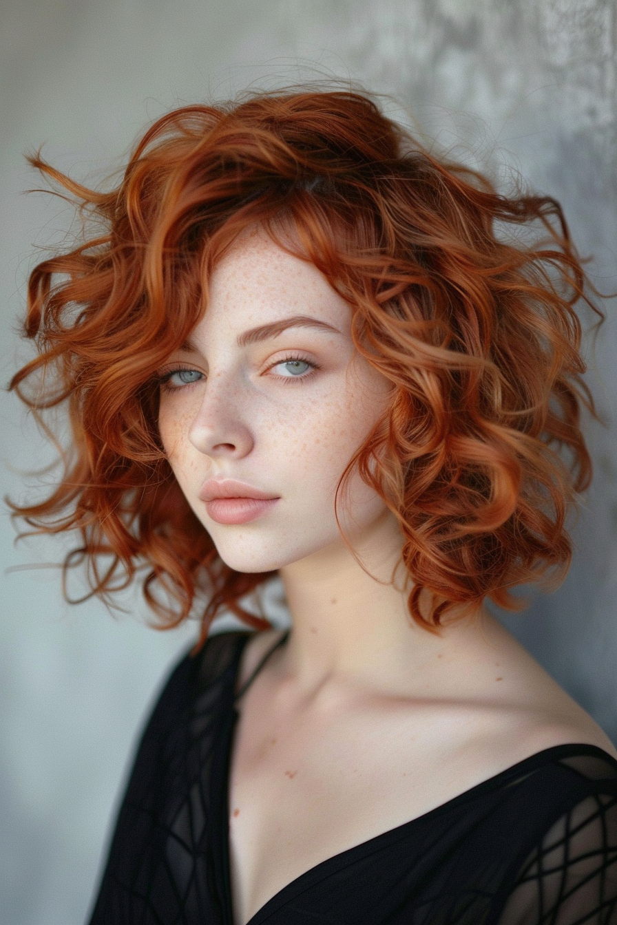 Auburn hair color woman hairstyle. Curly bob with misty rose highlights.