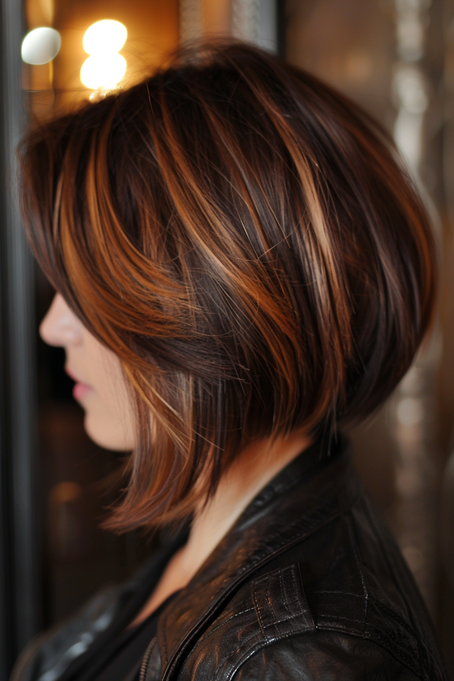 Summer Bob Woman Hairstyle. Textured angled cut with caramel highlights.