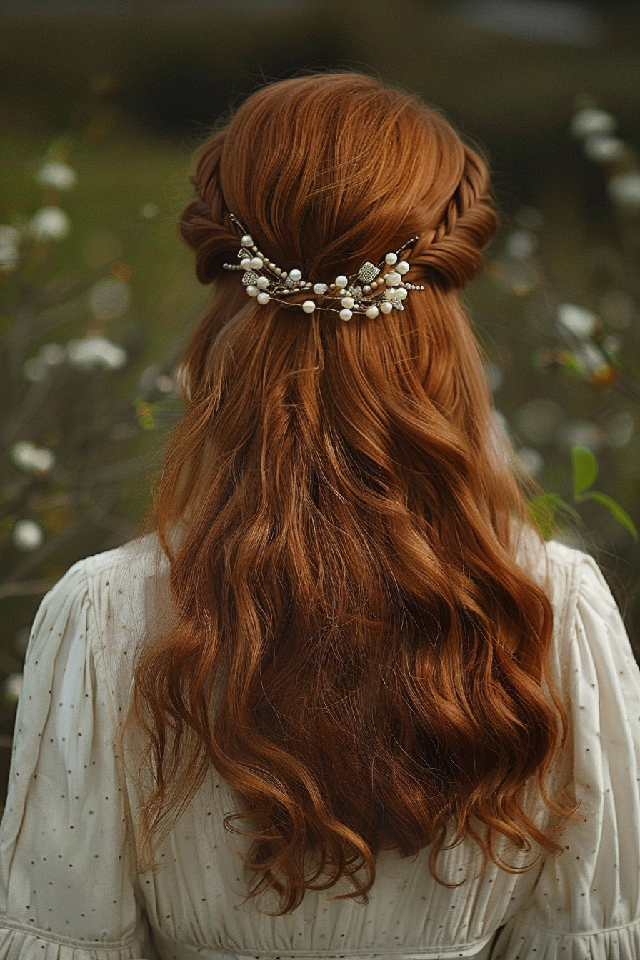 Long wavy hairstyle. Dark auburn hair with pearl accessories.