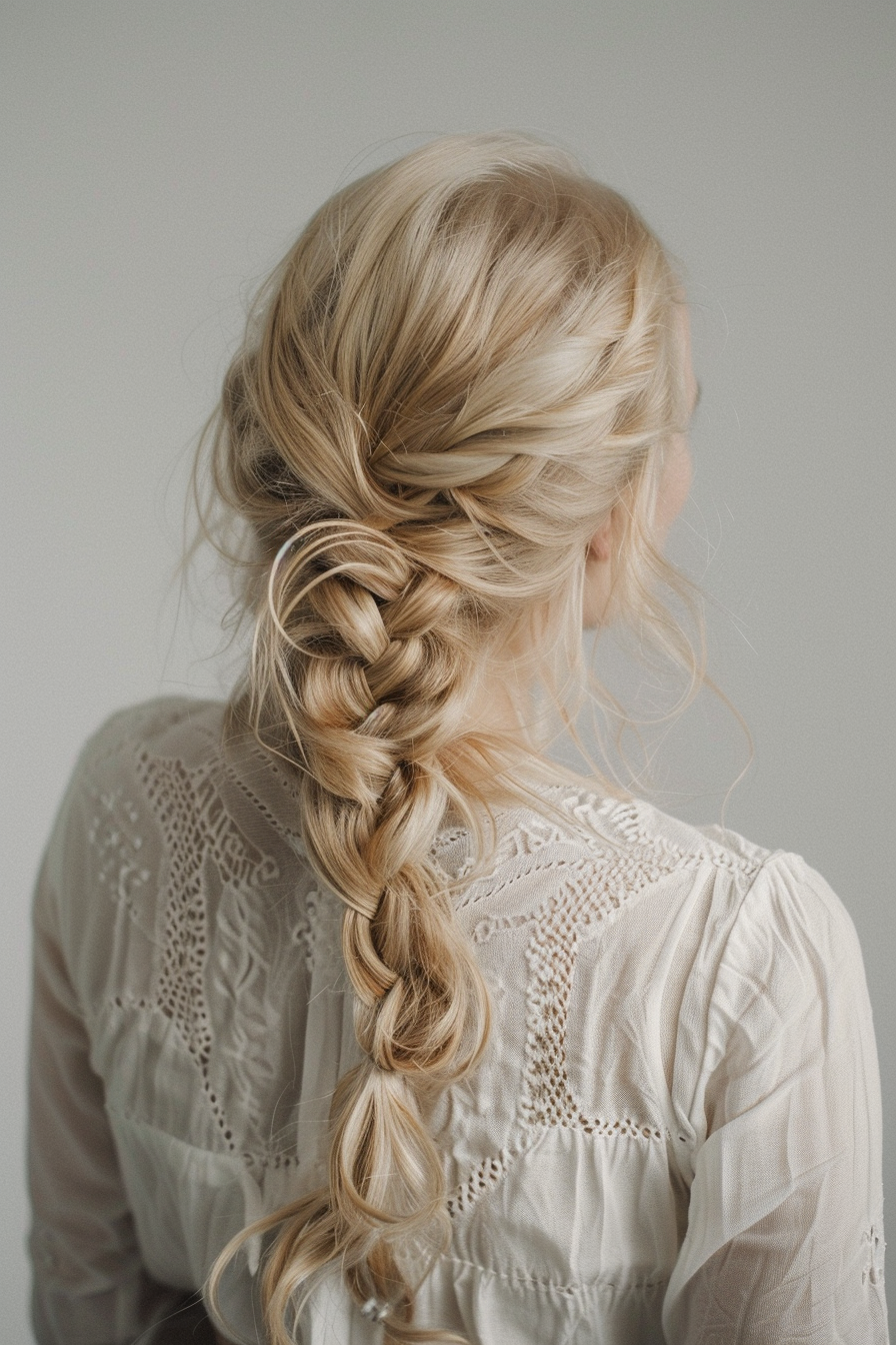 Woman hairstyle. Blonde fishtail braid with mid-part fringe.