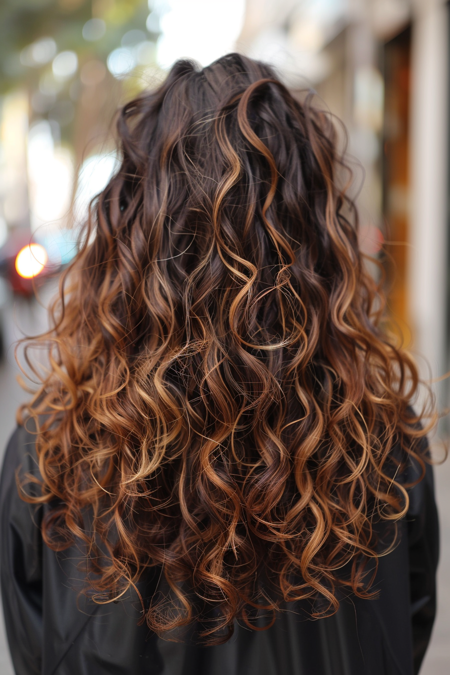 Balayage hairstyle. Caramel highlights on dark brown curly hair.