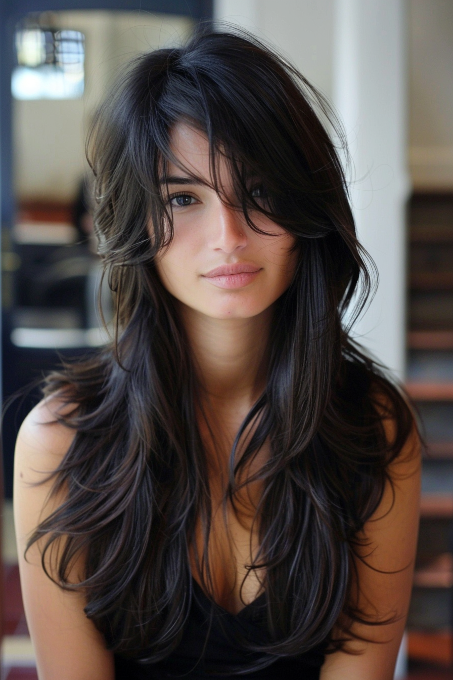 Long Hair hairstyle. Layered cut with side bangs.