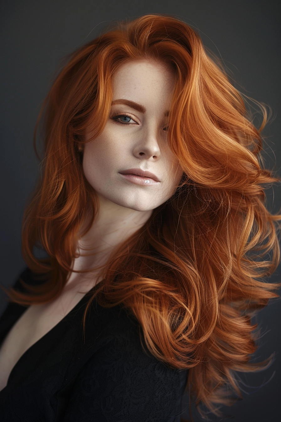 Auburn hair color woman hairstyle. Long layered cut with soft curls.