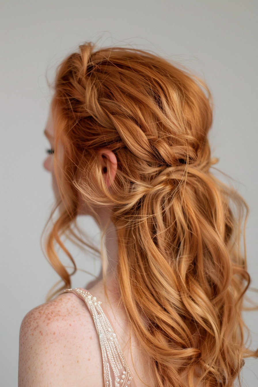 Strawberry blonde hair woman hairstyle. Gentle waves and loose braid.