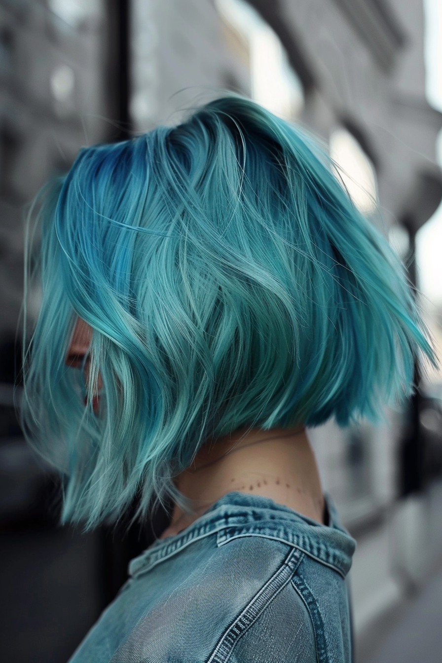 Blue hair color woman hairstyle. Asymmetrical bob with aqua blue highlights.