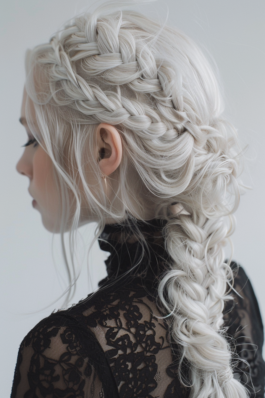 Woman's hairstyle. Crown braid with platinum blonde highlights.