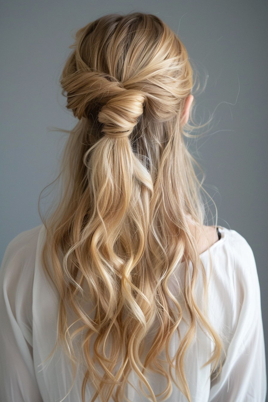 Half-up half-down weave hairstyle. Golden-blonde high pony.