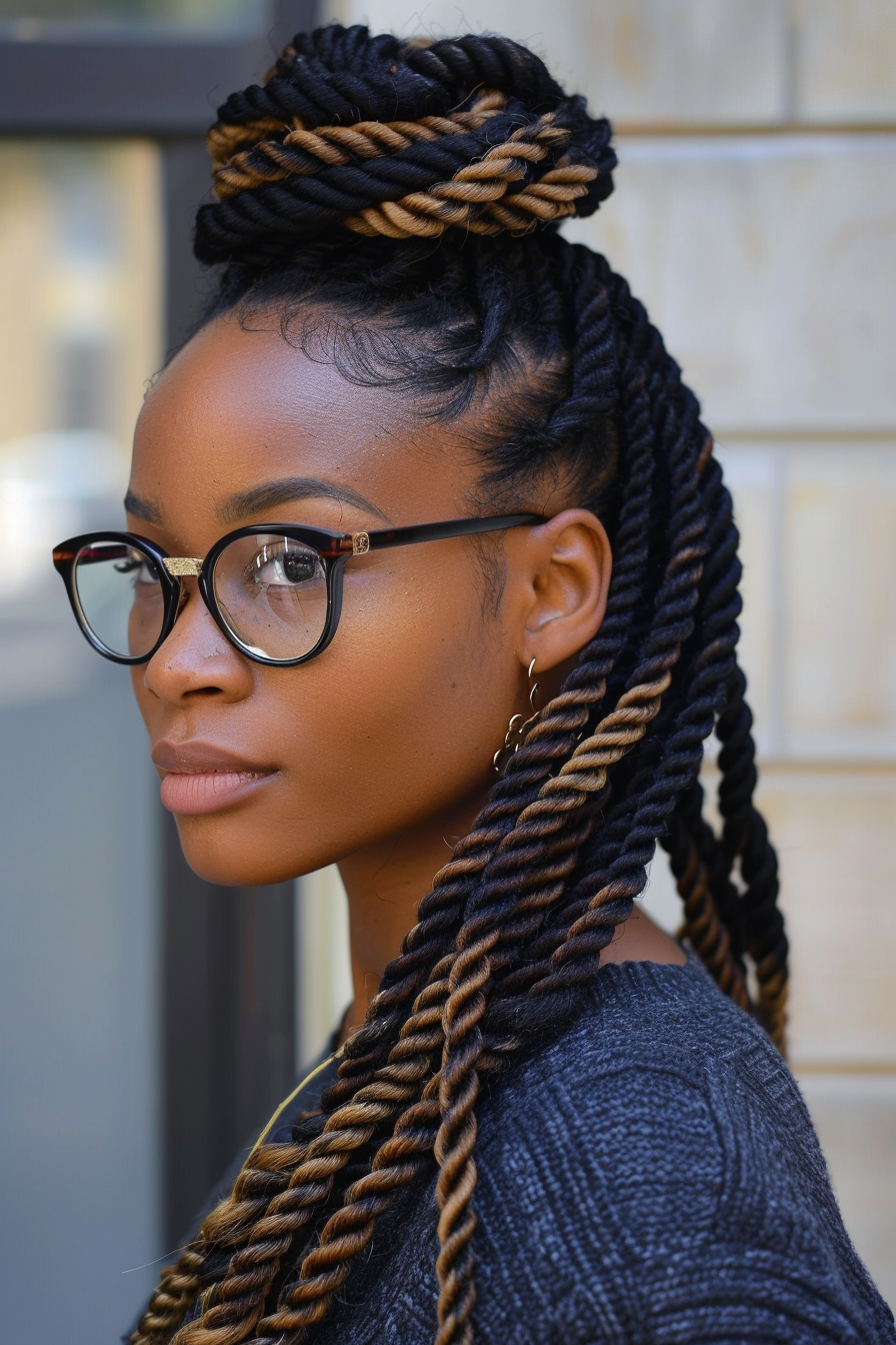 Comb twist hairstyle. Chunky twists with highlighted ends.