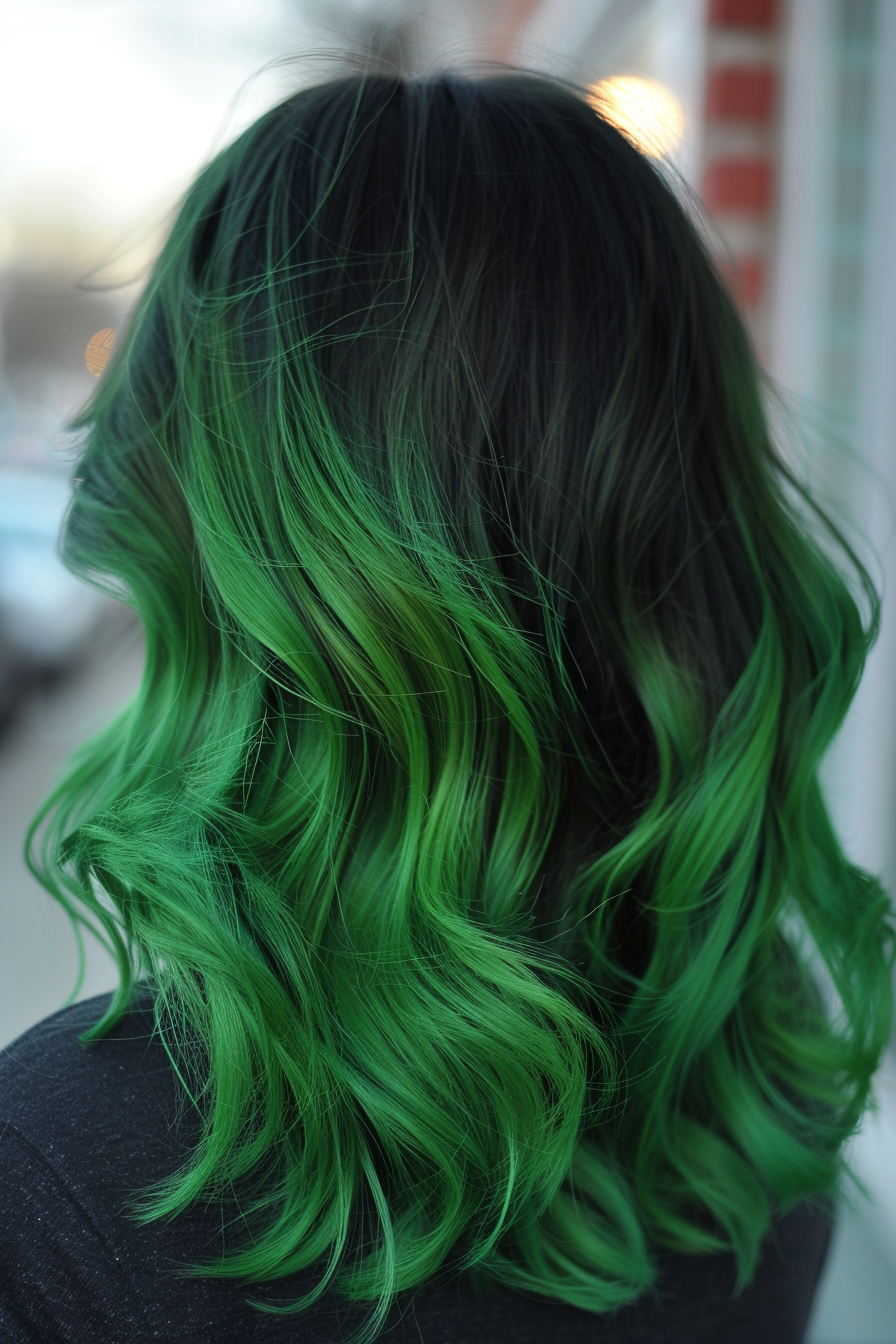 Green ombre hairstyle. Forest green roots fading into lime tips.