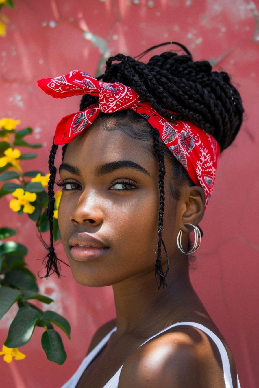 Two-strand twist hairstyle. Marley haired twist with bright red bandana.