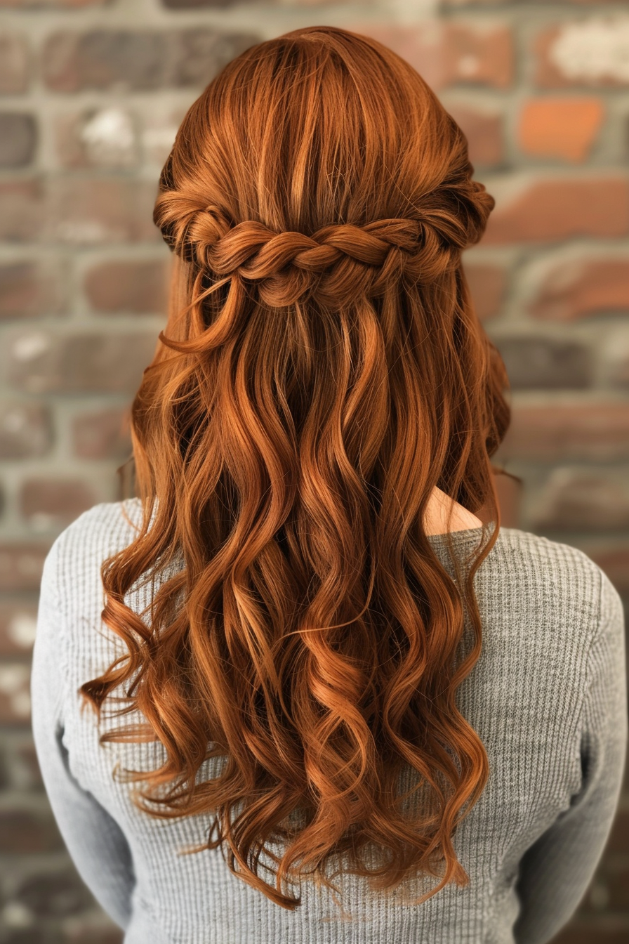 Auburn hair color hairstyle. Curly half-up half-down with crown braid.