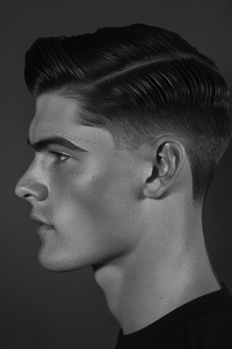 Low taper fade men hairstyle. Dark sleek hair with clean line-up.