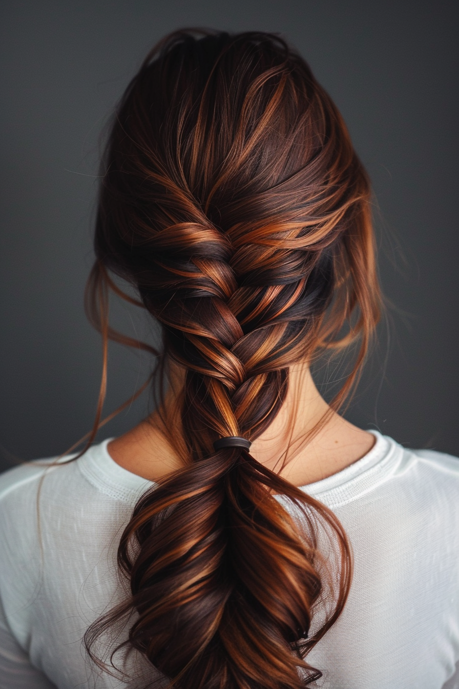 Woman hairstyle. Dark brown fishtail braid with subtle caramel highlights.