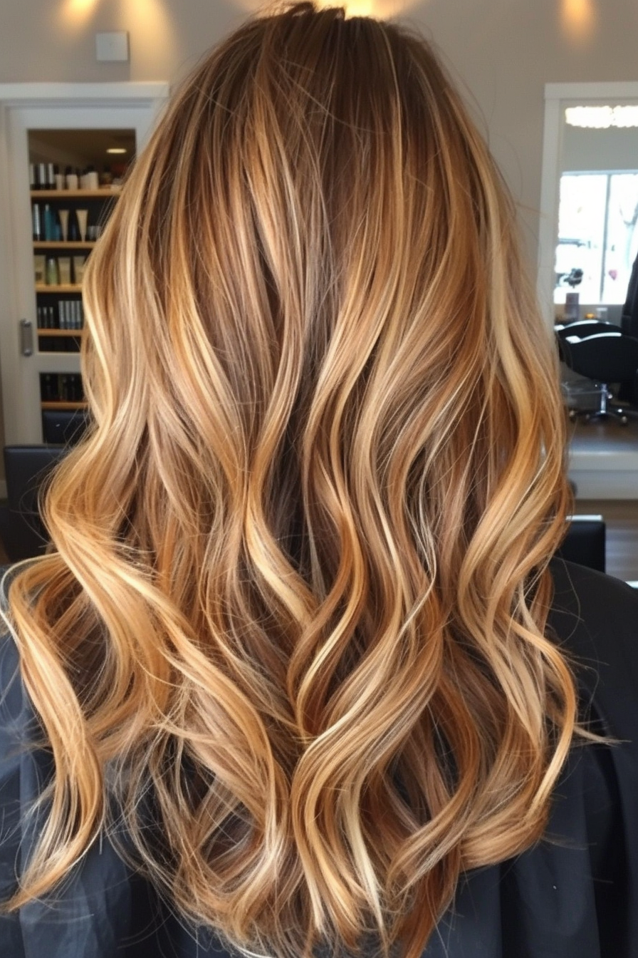 Balayage hairstyle. Golden blonde highlights on brunette hair.