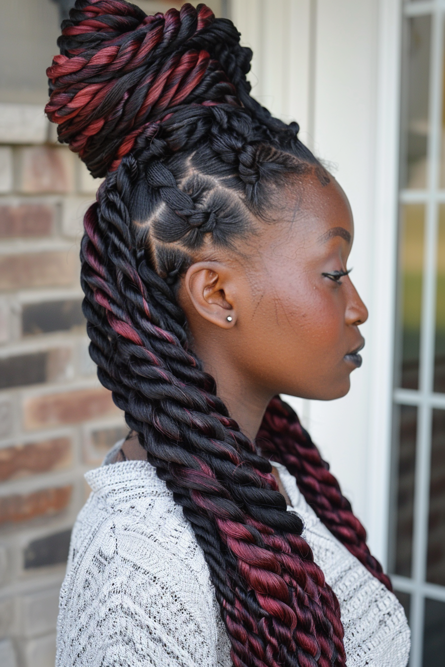 Half-up half-down weave hairstyle. Senegalese twist updo with burgundy highlights.