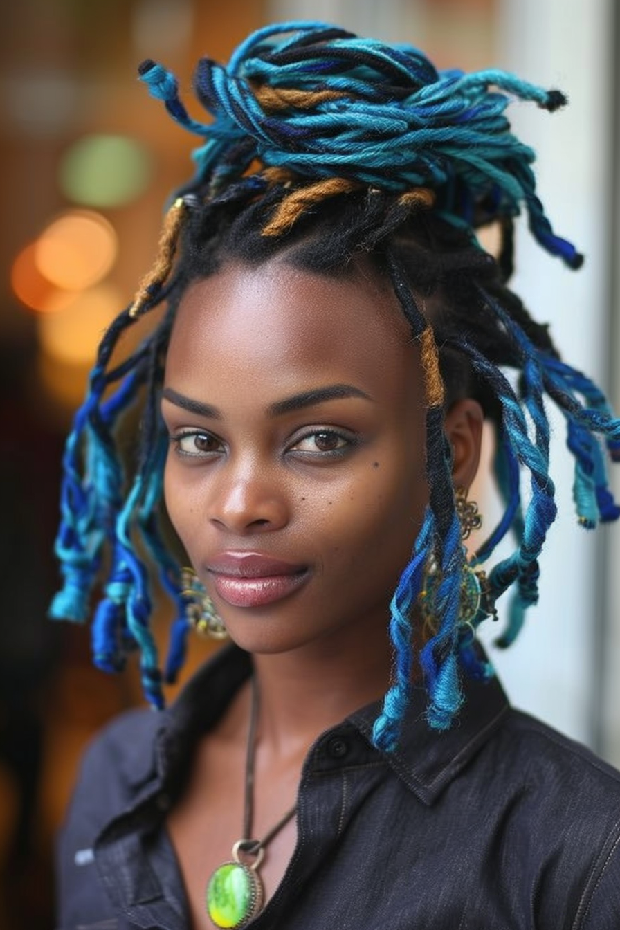 Two-strand twist hairstyle. Dreadlock-like spirals with vibrant blue streaks.