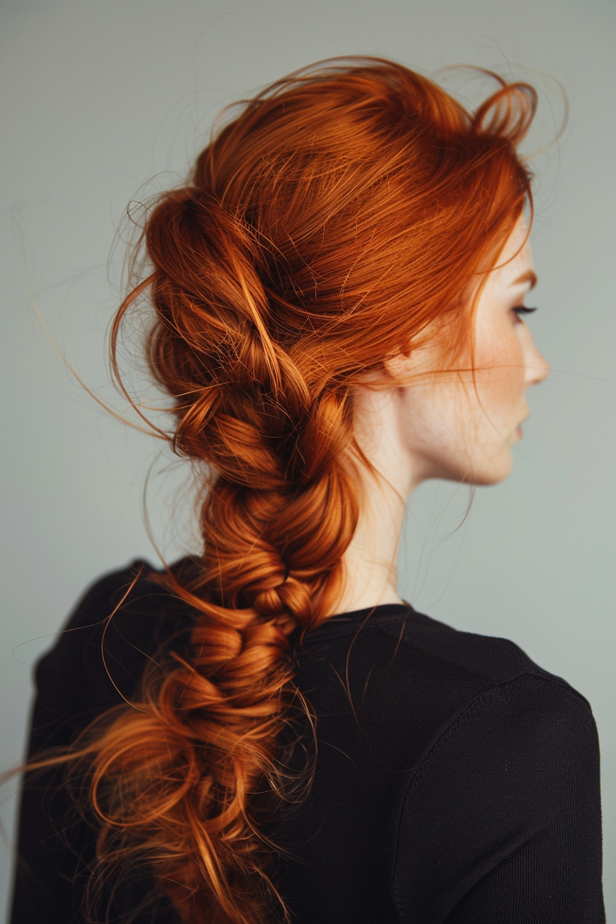 Woman hairstyle. Fishtail braid with loose tendrils on a red-haired woman.