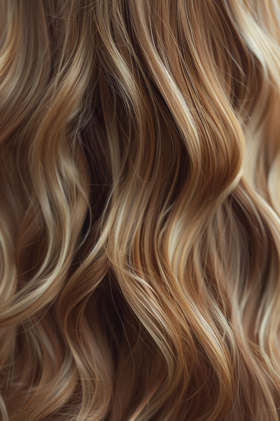 Woman hairstyle. Caramel balayage on long wavy hair.