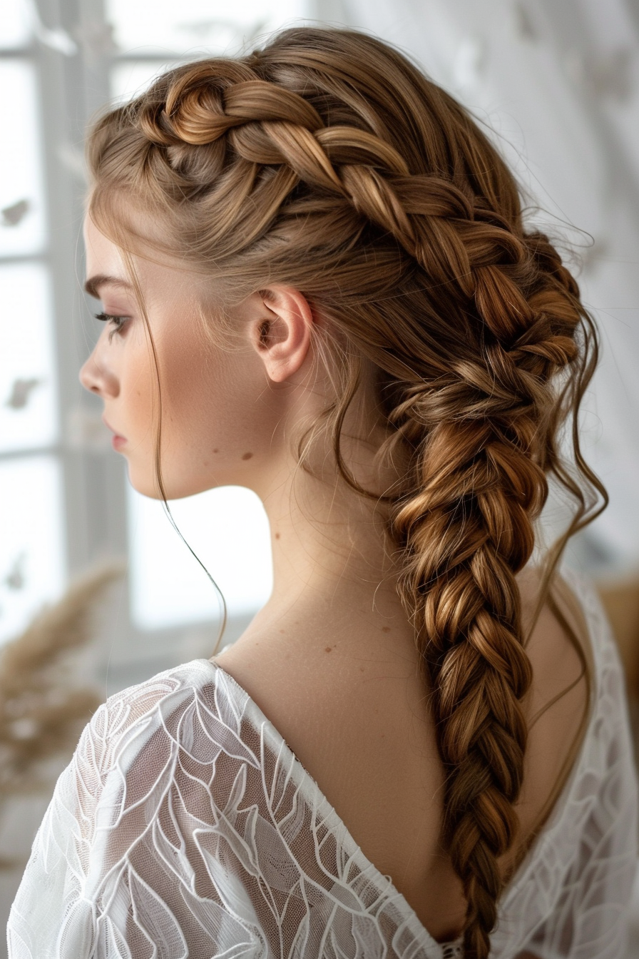 Woman hairstyle. Dutch braid with a side parting.