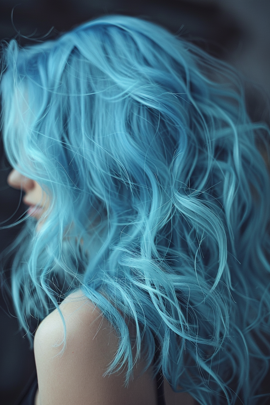 Blue hair color woman hairstyle. Ocean wave-inspired loose curls with tendrils.