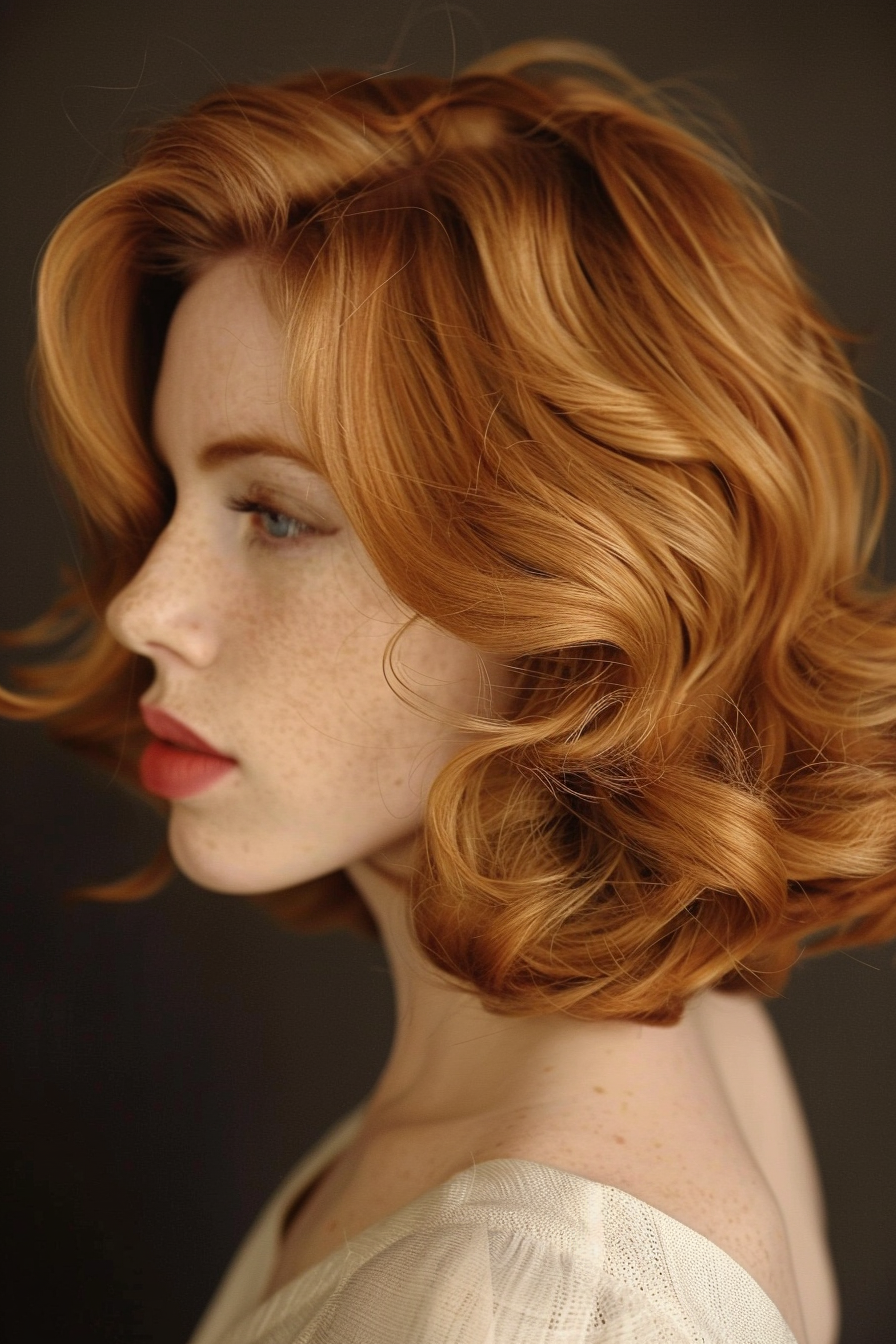 Strawberry blonde hair woman hairstyle. Softly curled mid-length bob.