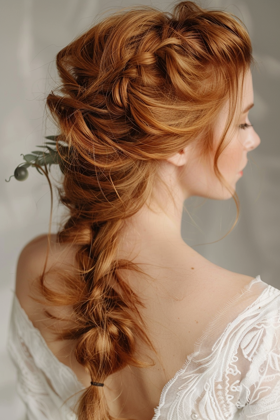 Woman hairstyle. Loose fishtail braid draped over one shoulder.