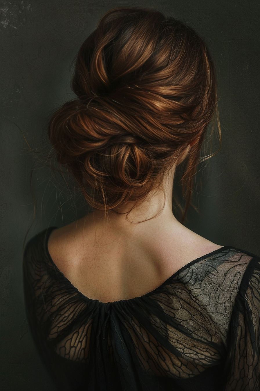 Woman hairstyle. Long hair slightly teased in a low, voluminous, clumsy bun.