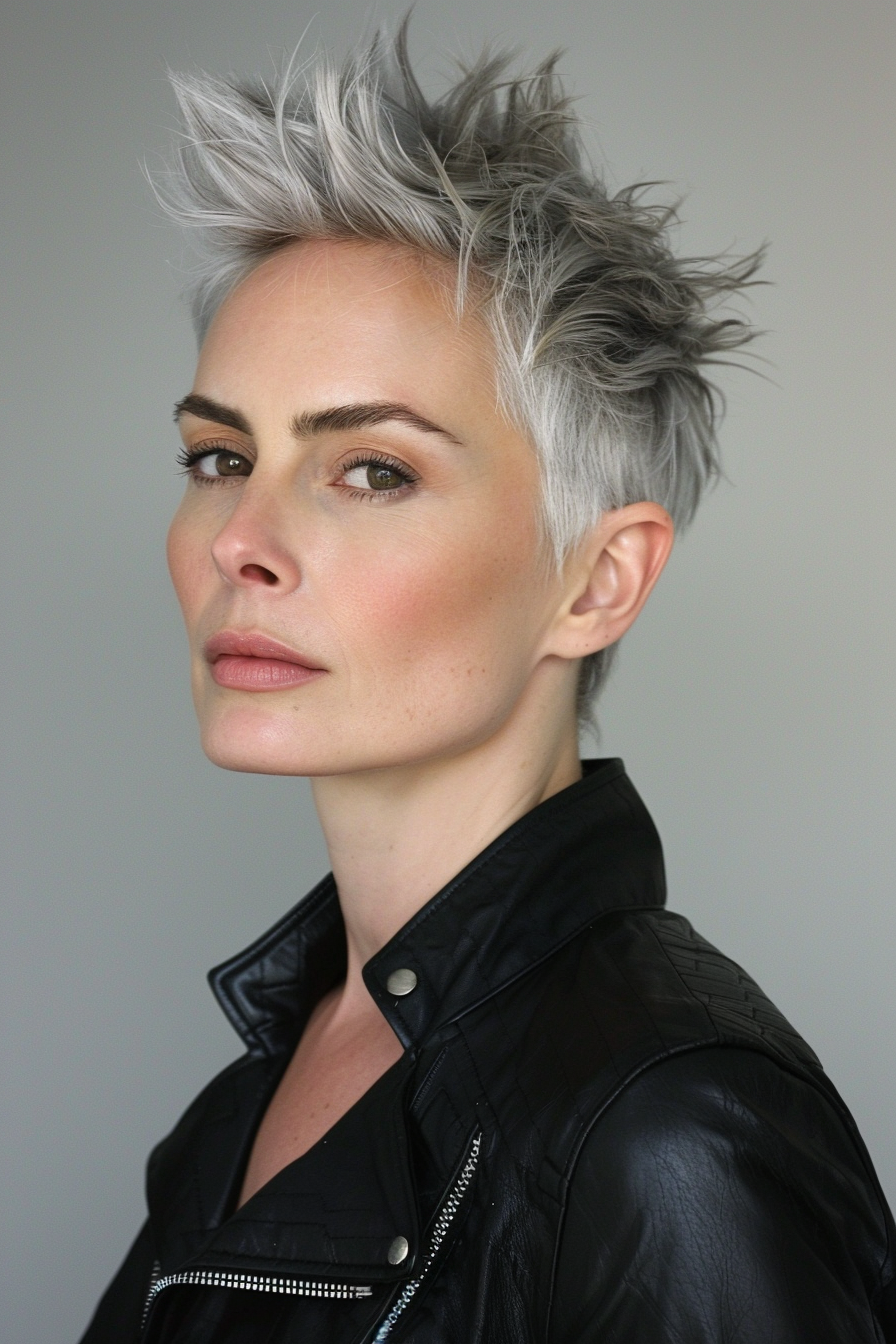 Woman hairstyle. Short, choppy wolf cut with silver grey hair.