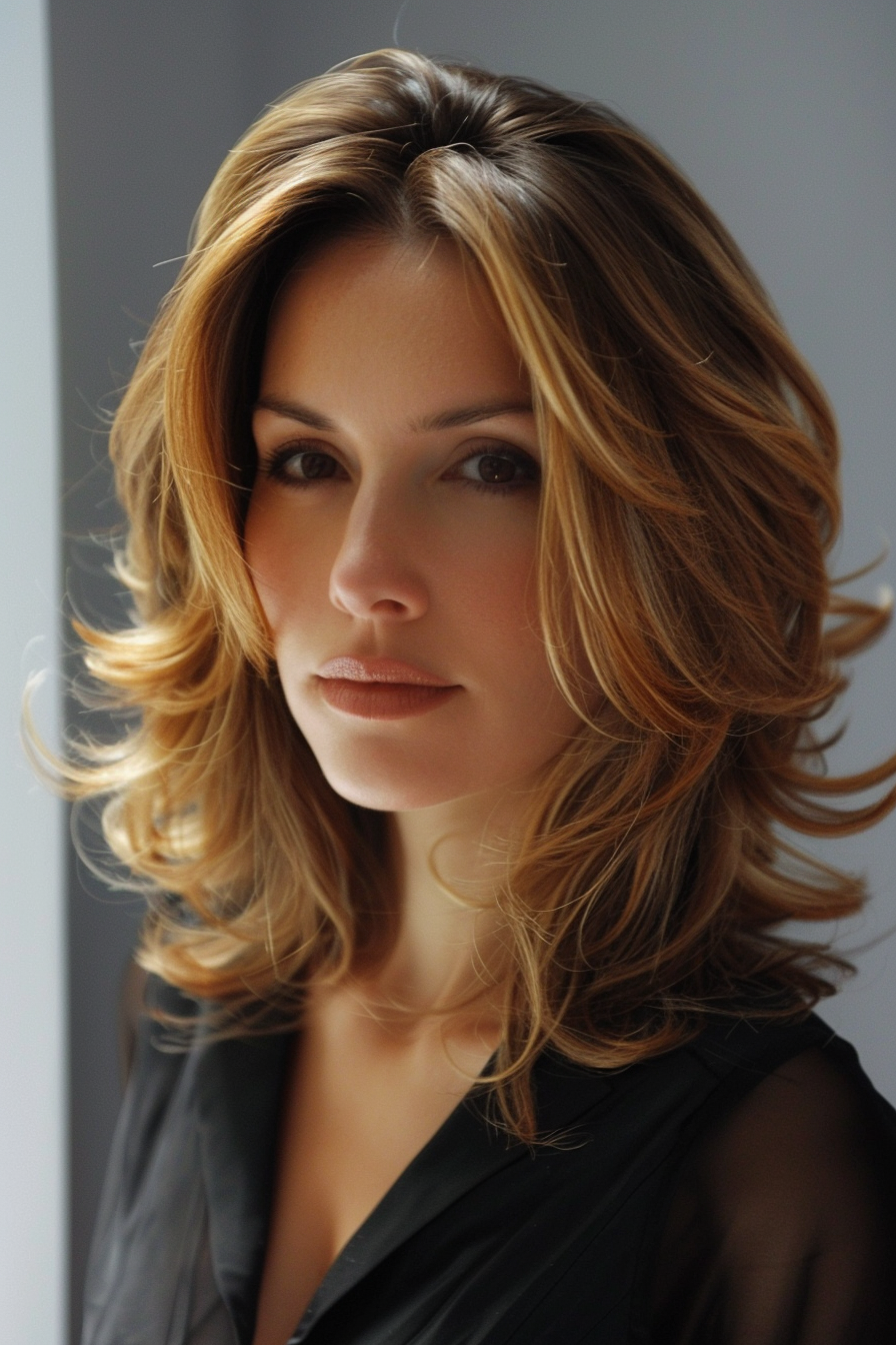 Layered haircut woman hairstyle. Voluminous, chest-length with soft, caramel highlights.