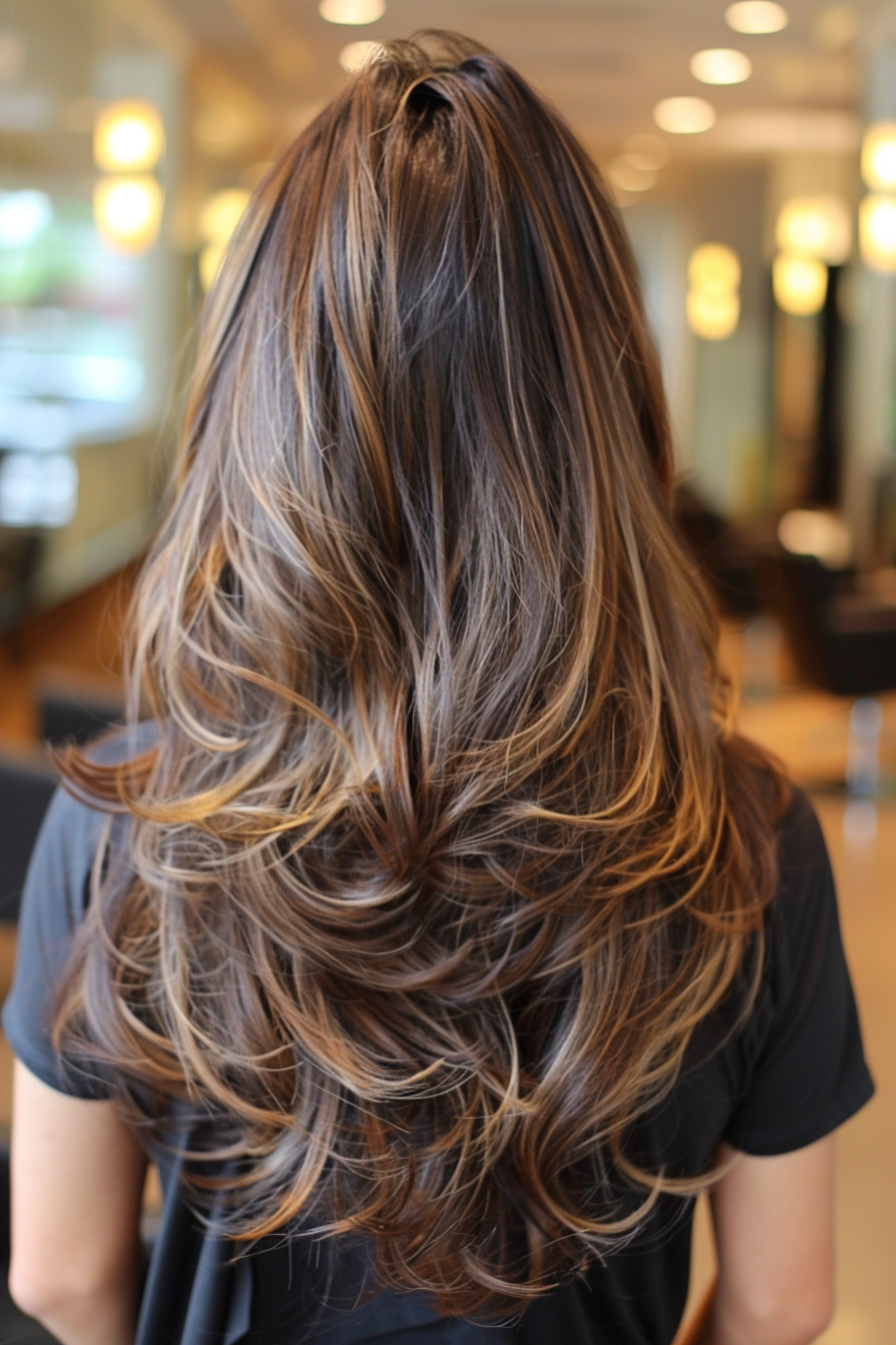 Layered haircut. Caramel balayage with loose waves and teased crown.