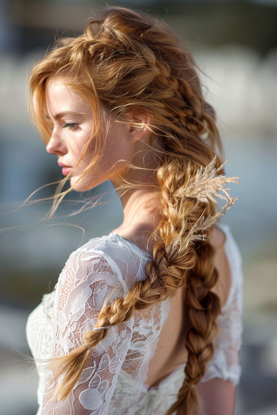 Braided hairstyle. Asymmetrical side braid with loose tendrils.