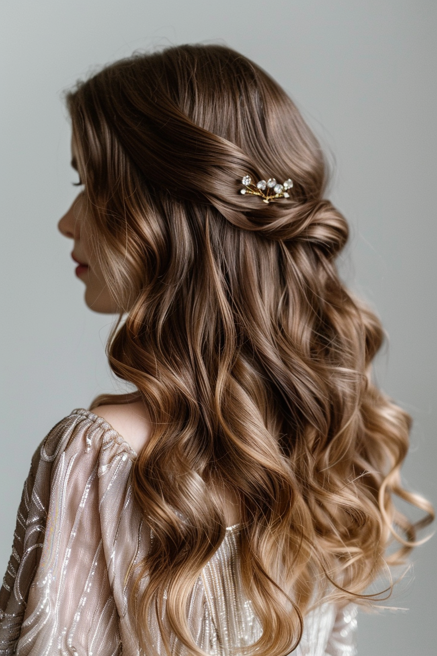 Long wavy woman hairstyle. Glossy cascading waves with a crystal hair pin.