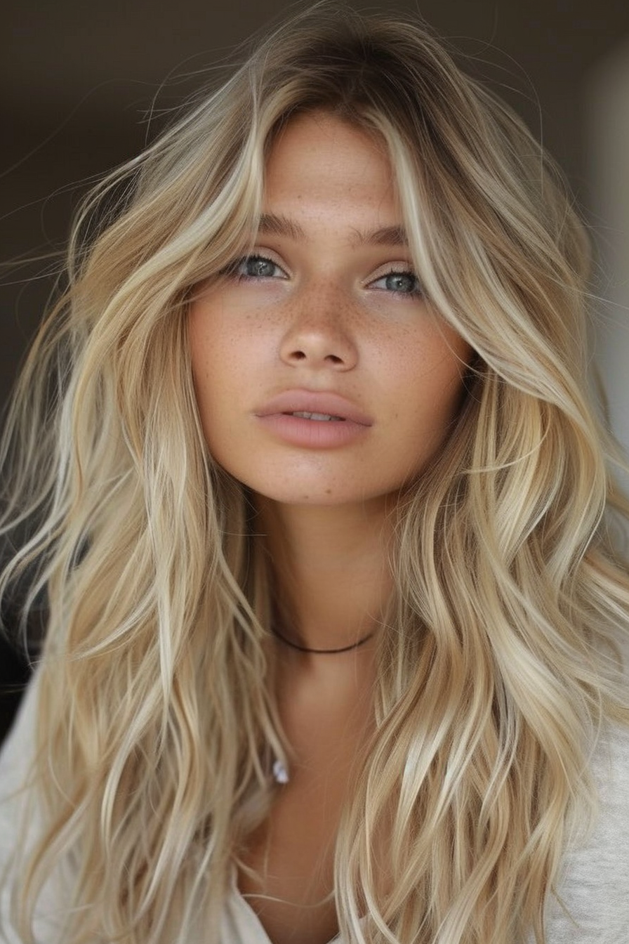 Dirty blonde hairstyle. Translucent balayage with soft beach waves.