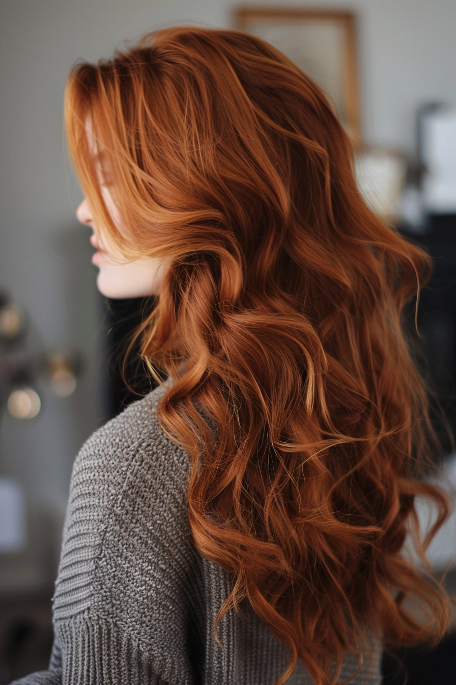 Auburn hair color hairstyle. Warm sunlight kissed waves.