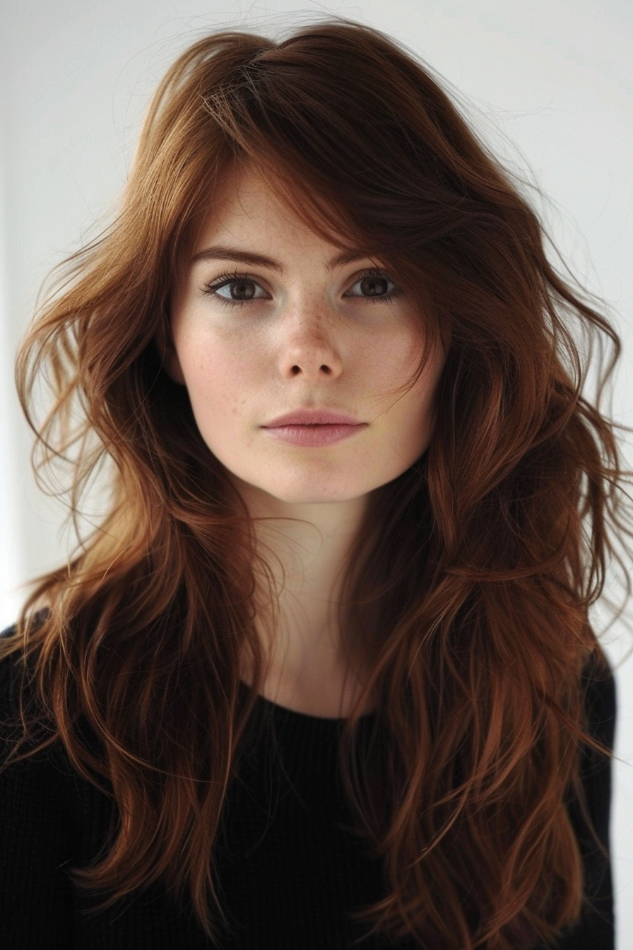 Front layered haircut. Chestnut brown hair with soft waves.