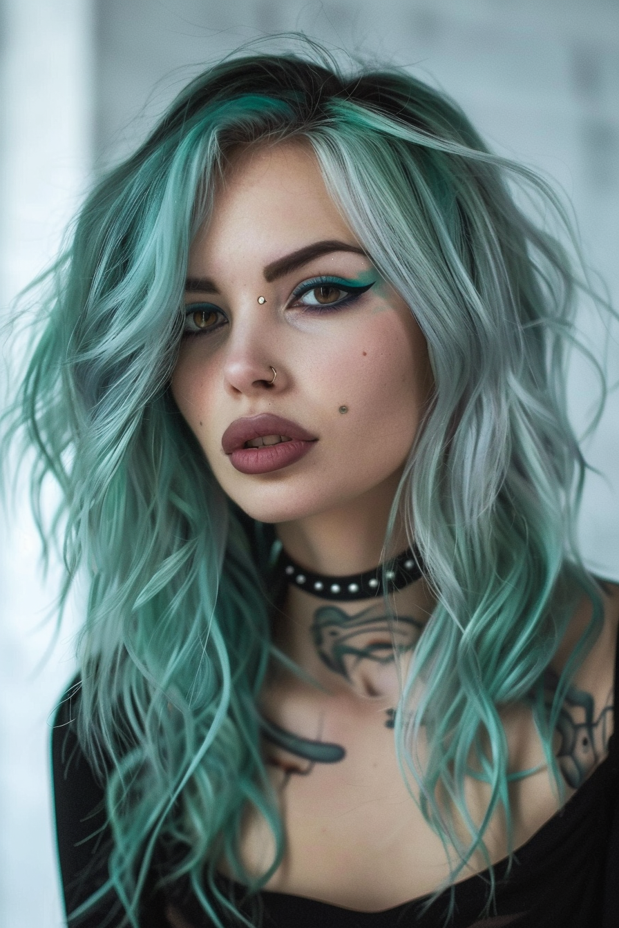 Wolf cut woman modern hairstyle. Turquoise hair with silver streaks.