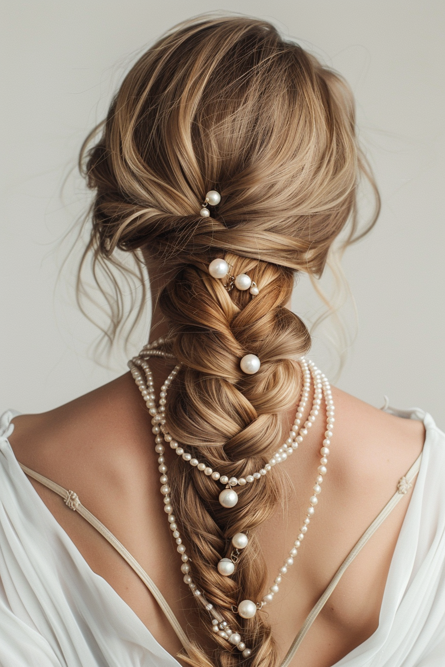 Elegant woman hairstyle. Loose fishtail braid adorned with pearls.