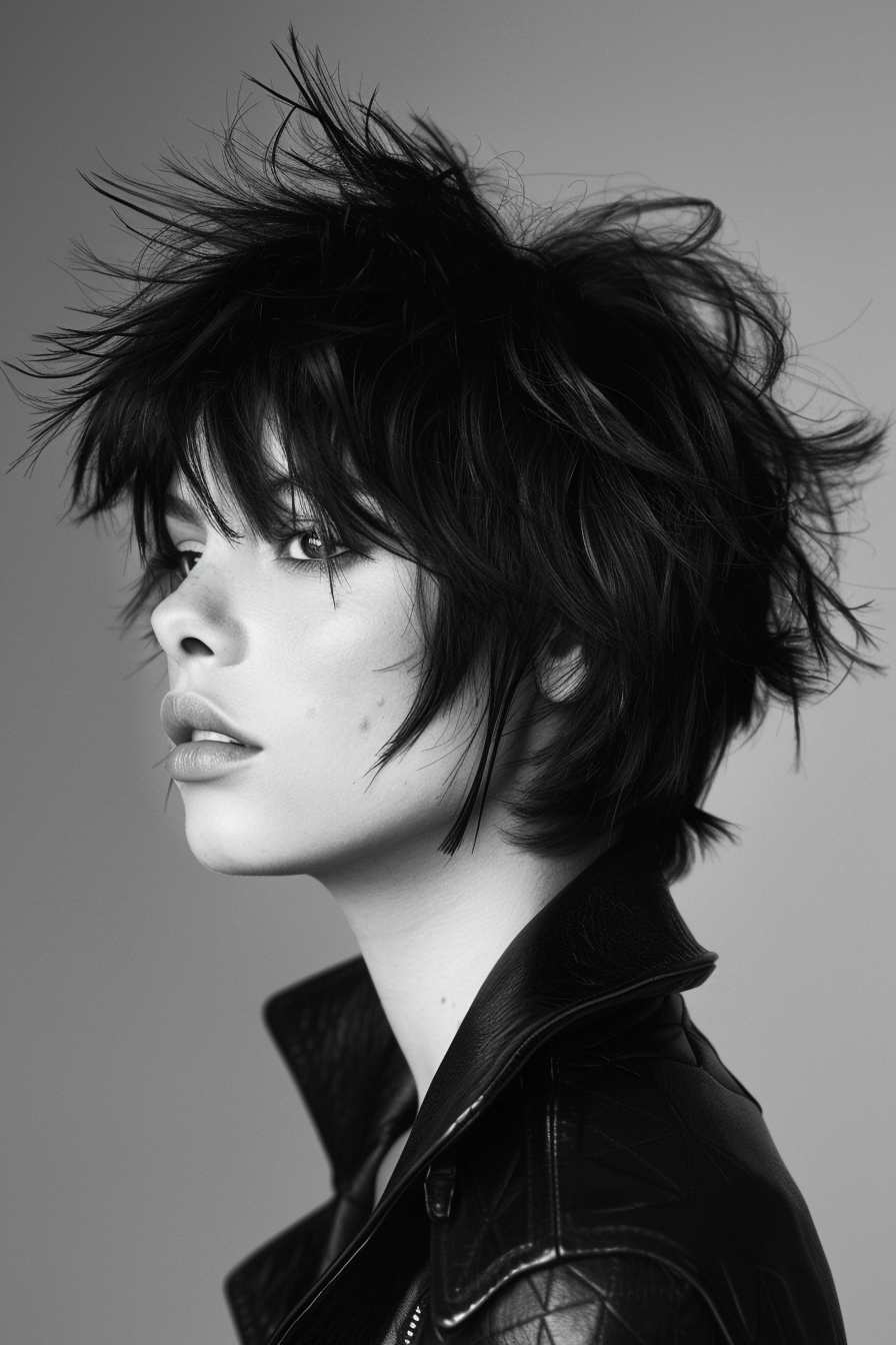 Wolf Cut Woman Hairstyle. short, feathery layers frame the face