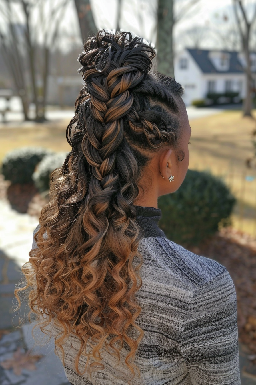 Half-up half-down weave hairstyle. Ombre waterfall braid with curly ends.