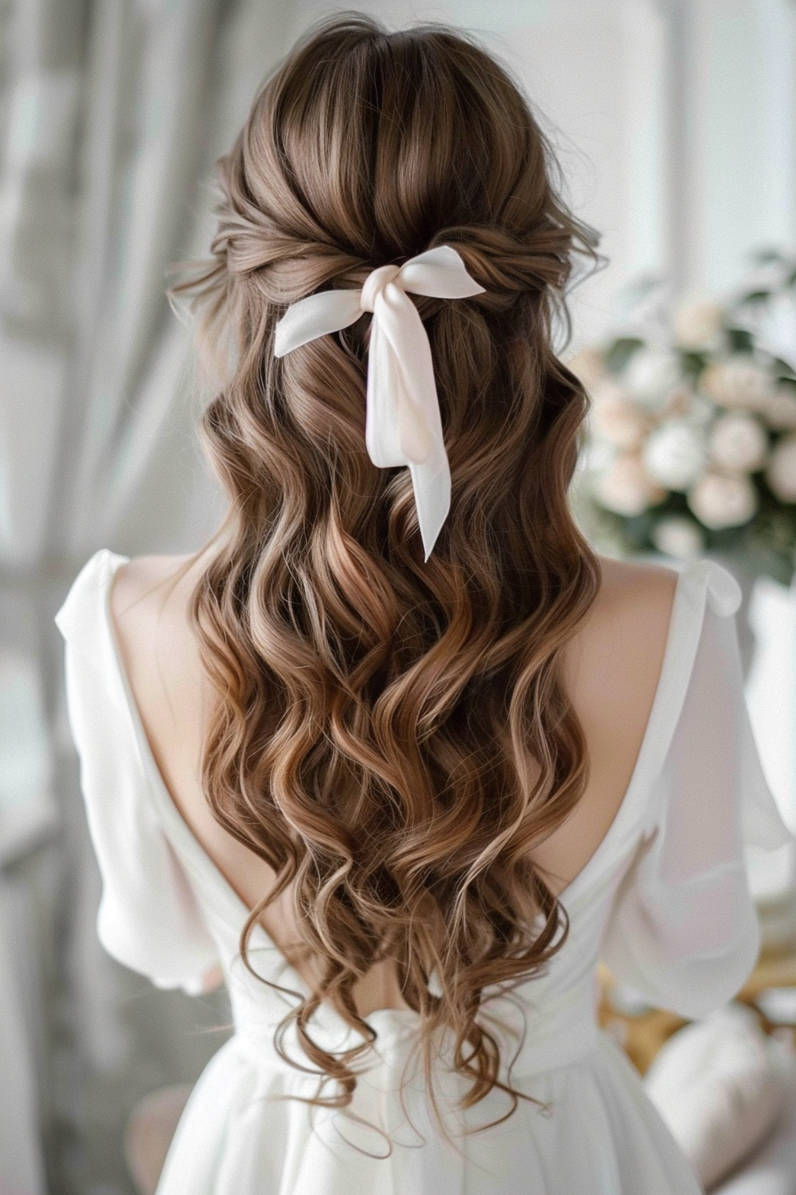 Long wavy hairstyle. Silk ribbon-tied brunette hair with loose curls.