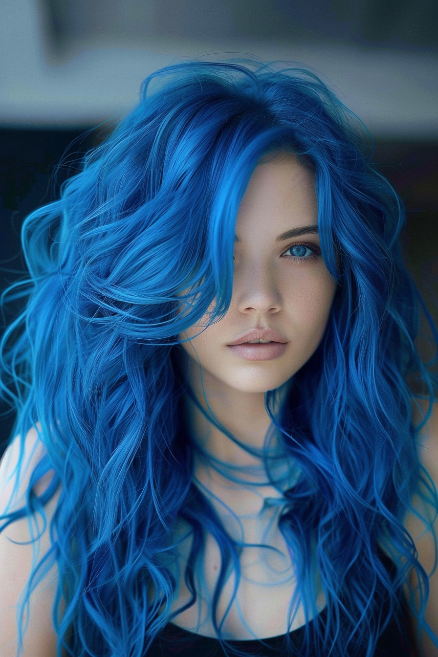 Blue hair color woman hairstyle. Bold sapphire blue waves.