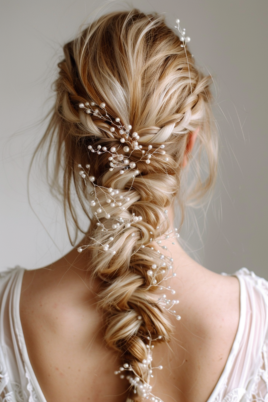 Woman hairstyle. Blonde fishtail braid adorned with tiny pearl pins.