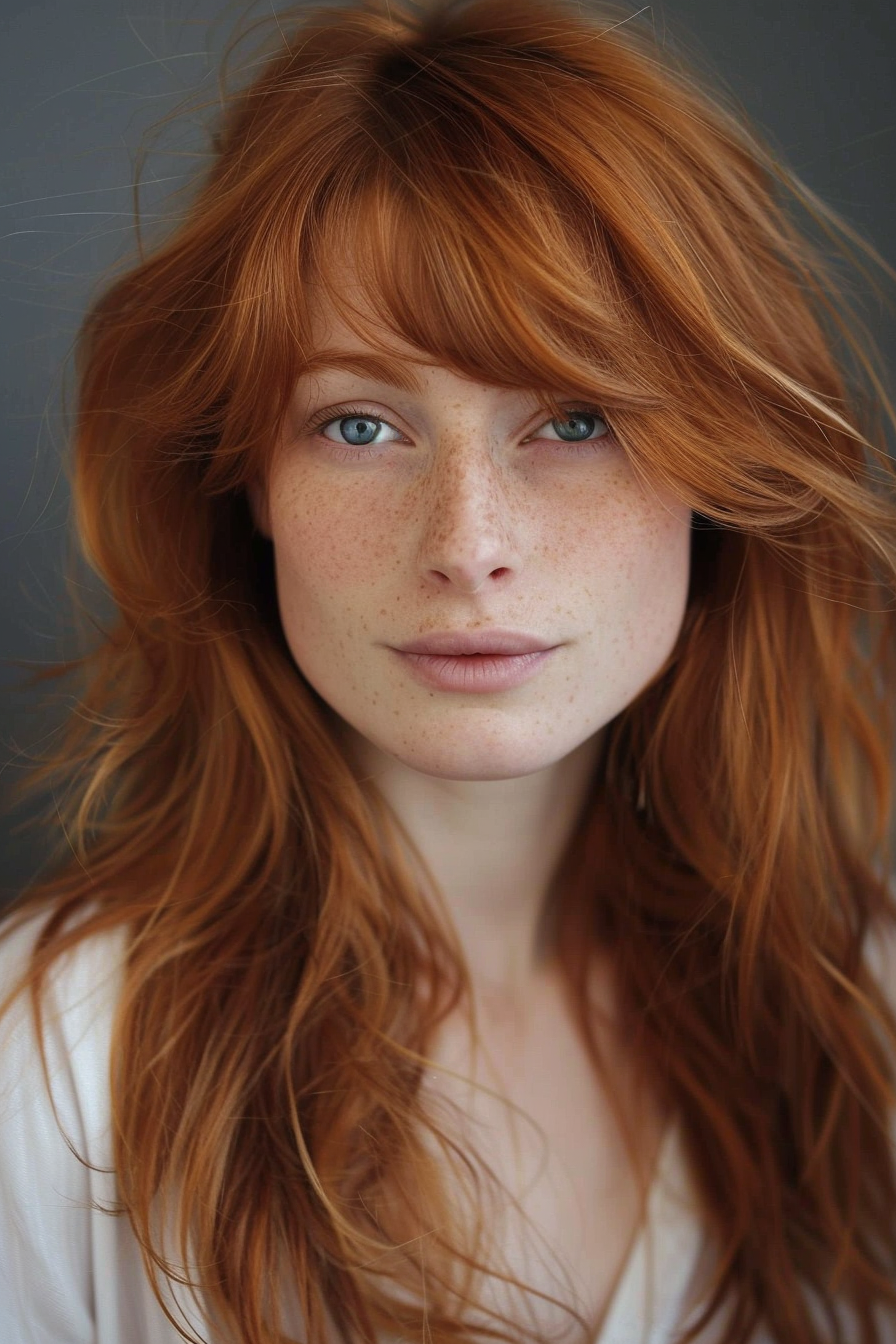 Front layered haircut. Ginger hair with soft, sweeping bangs.