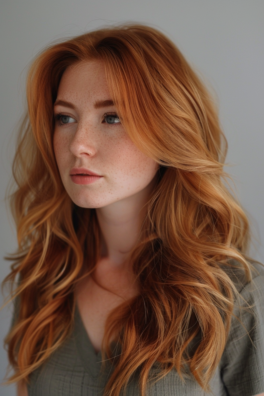 Strawberry blonde hair woman hairstyle. Soft beach waves.