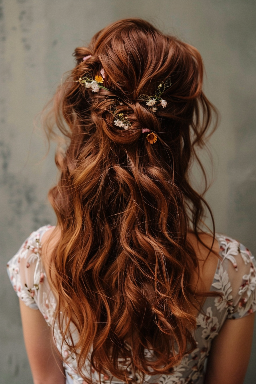 Layered haircut. Flowery half updo with caramel highlights on chestnut long hair.