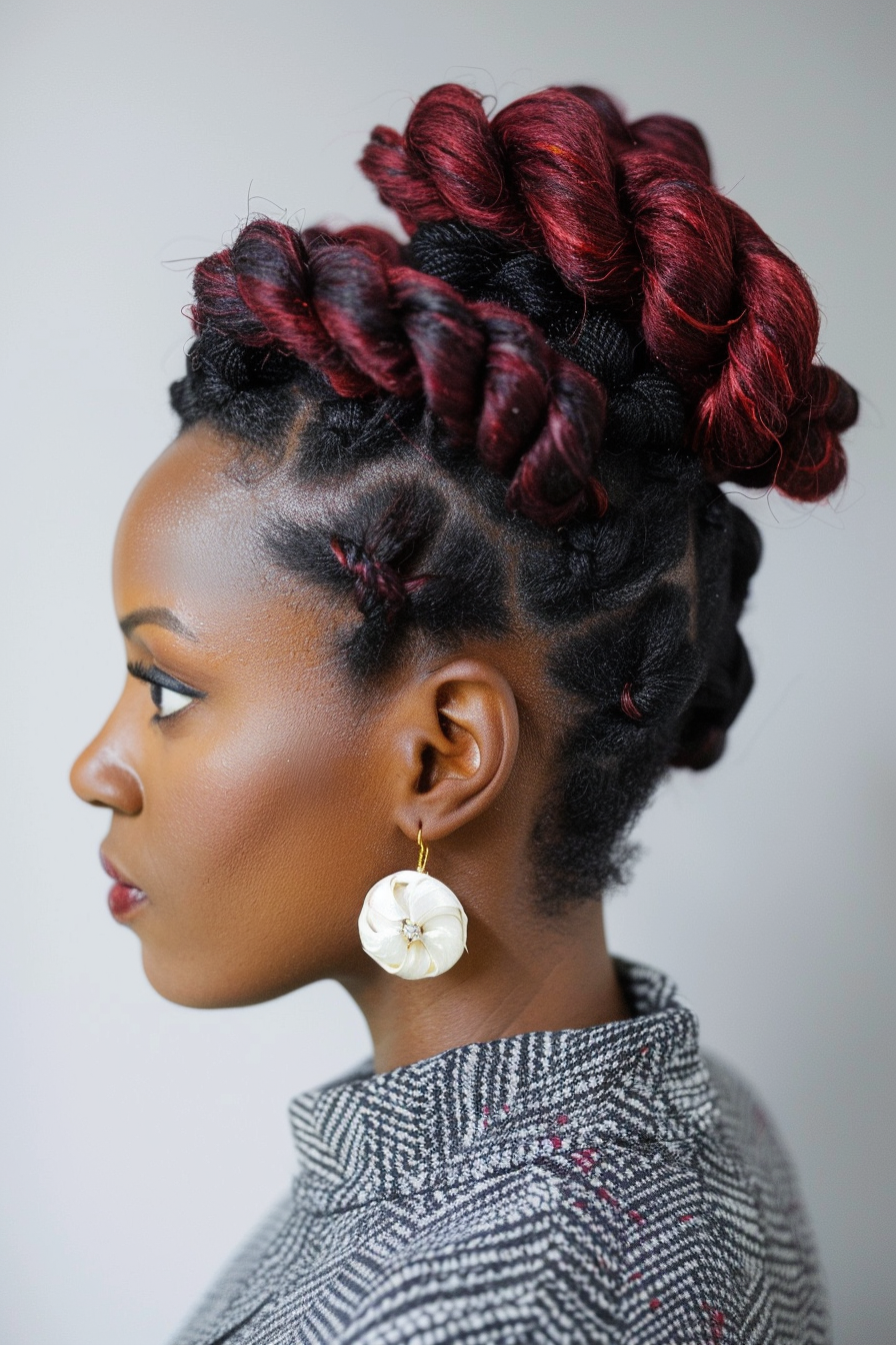 Woman hairstyle. Two-strand twist updo with burgundy highlights.