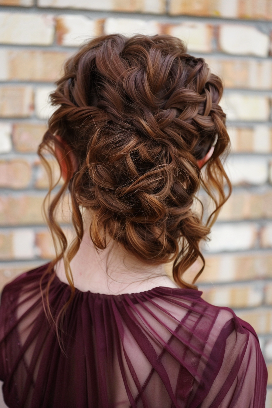 Prom updo. Braided crown with cascading curls for brunette long hair.