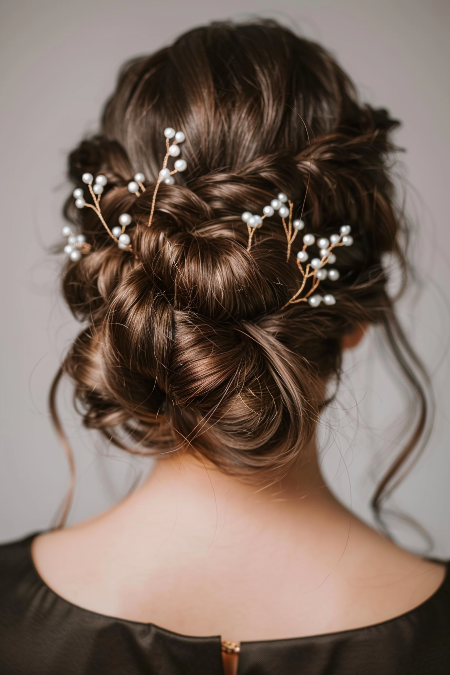 Woman's prom updo hairstyle. Brunette curls with pearl hairpins.