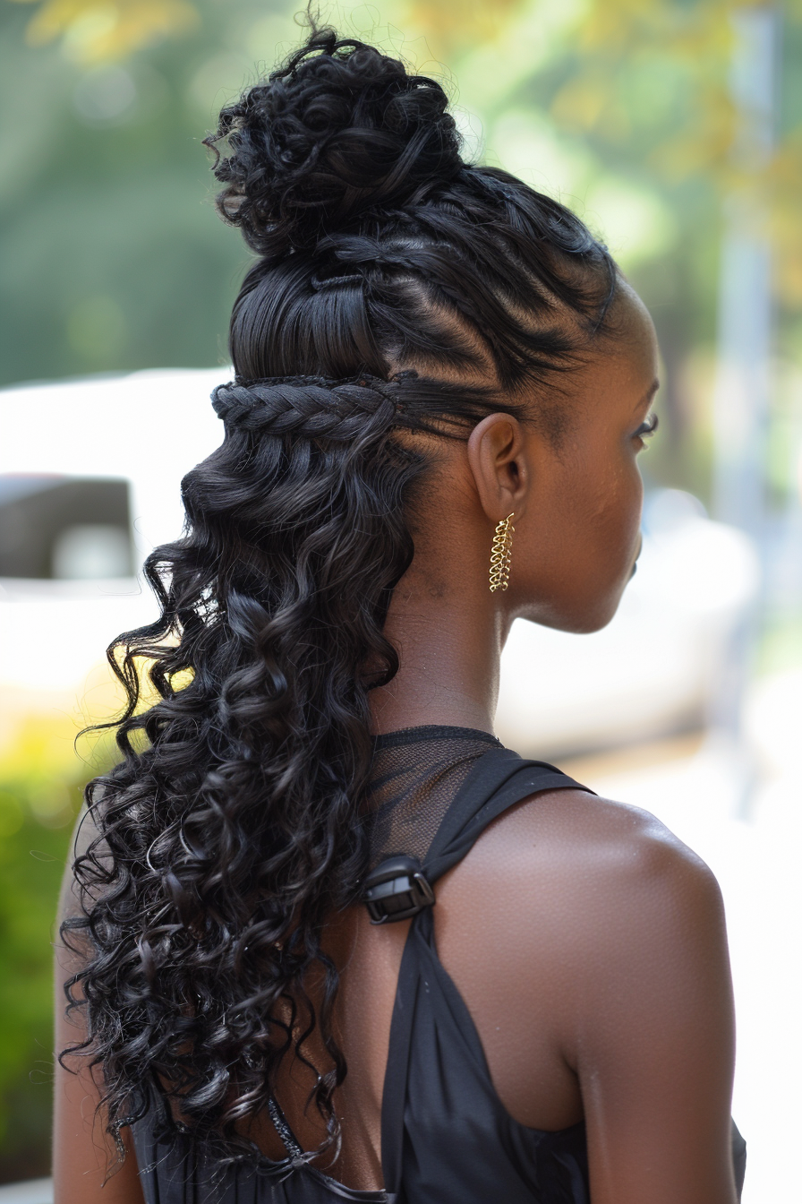 Half-up half-down weave hairstyle. Braided top with curly tendrils.