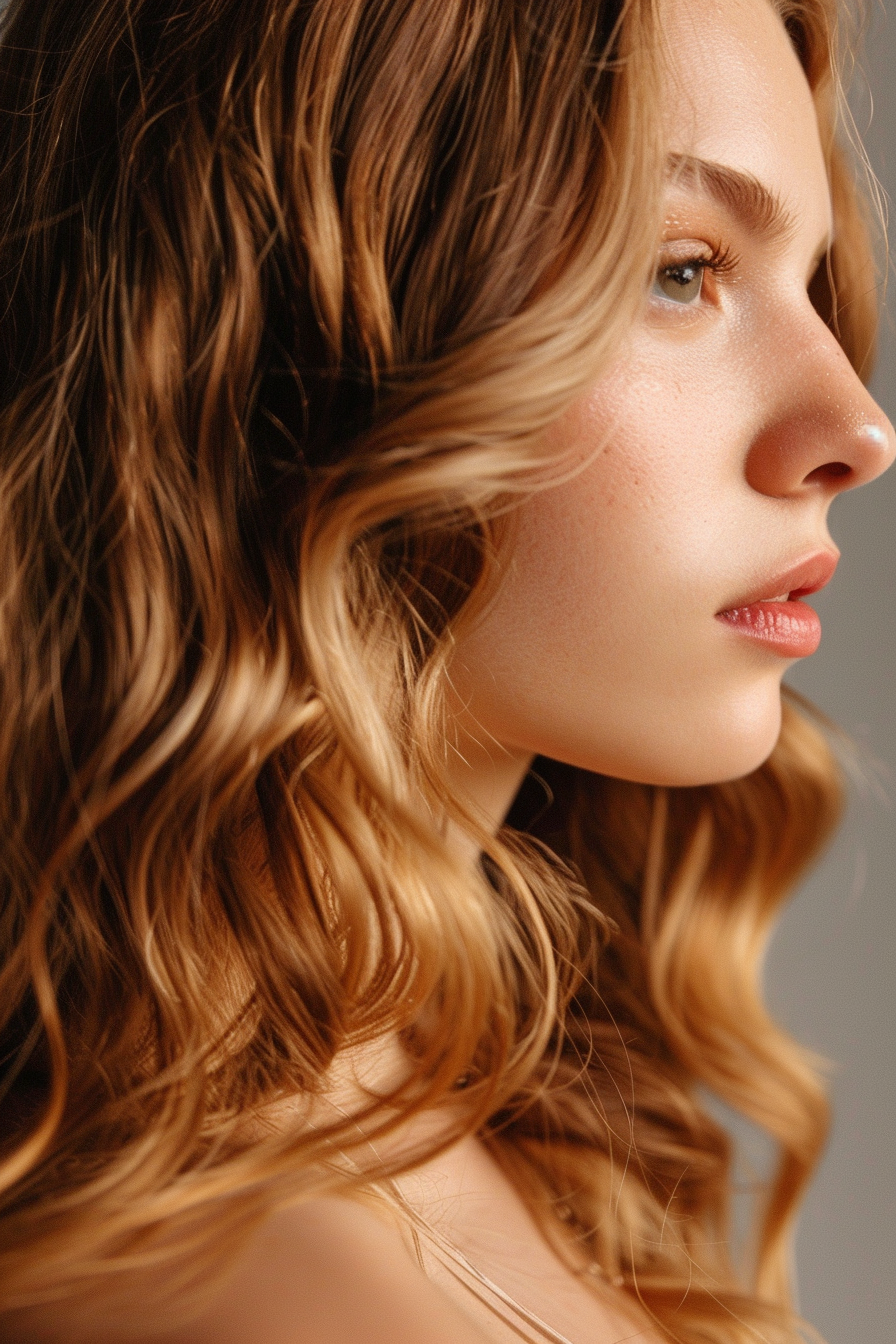 Woman summer hairstyle. Sun-kissed honey brown waves.